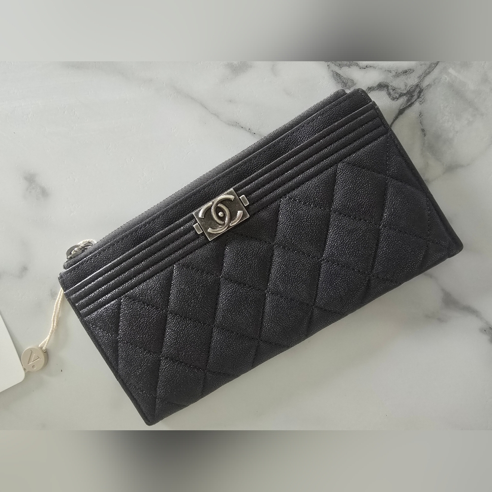 Chanel Boy Black Caviar Quilted Pouch Wallet